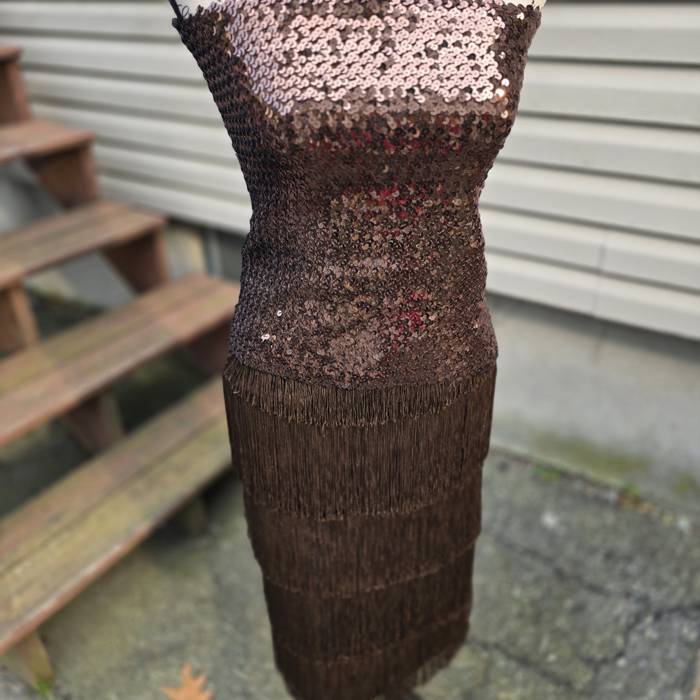 Elegant Brown Sequin & Fringe Two Piece Set